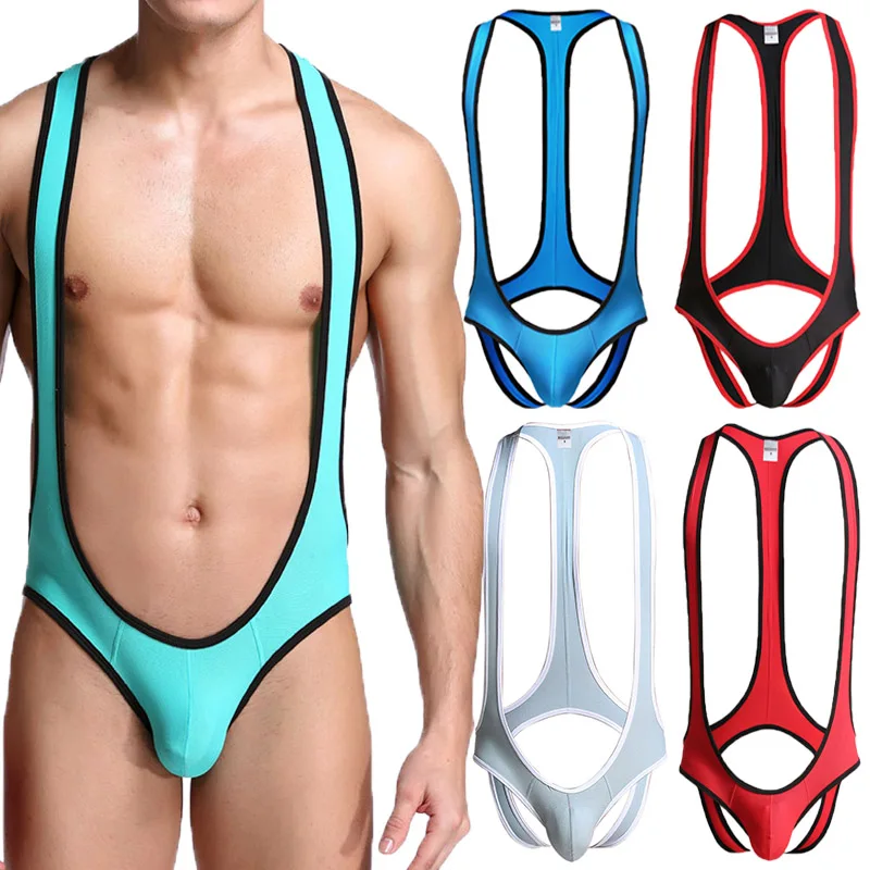 Men Sexy Bodysuits Jock Strap Lingerie Mesh Undershirts Breathable Wrestling Singlet Erotic Open Butt Gay Jumpsuits Underwear