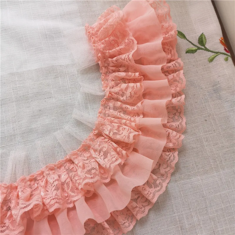 11CM Wide Three Layers Pleated Chiffon Fabric Guipure Lace Embroidery Fringe Ribbon Ruffle Trim Dolls Clothes Dress Sewing Decor