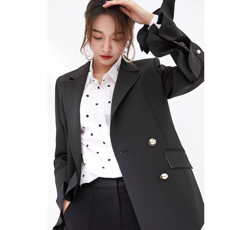 Autumn Fashion Black Ruffles ladies Blazer Asymmetry Patchwork Double breasted Women suit Loose Vintage jacket INKEO YO864