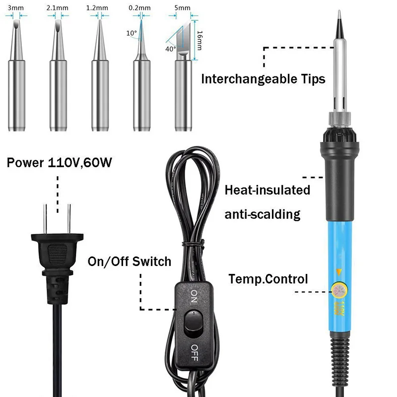 Multímetro Digital Welding Tool Kit, Ferro de Solda Elétrico, Temperatura Ajustável, 60W, 220V, 110V