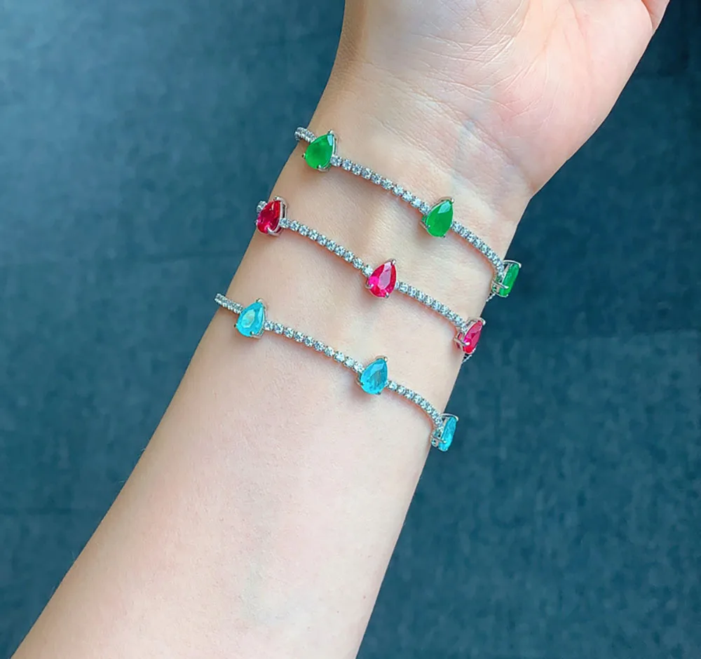 السحر الكمثرى على شكل الزمرد روبي Paraiba التورمالين حبلا أساور للنساء الأحجار الكريمة سلسلة سوار غرامة مجوهرات هدية عيد ميلاد #2