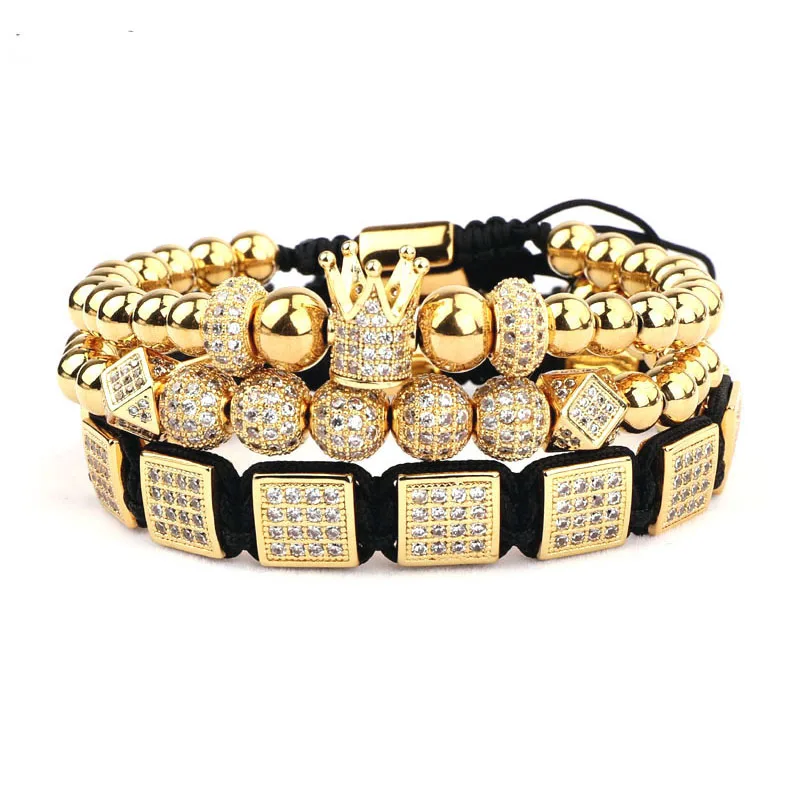 3pc/set Luxury CZ Micro Pave Crown Charm Square Ball Beaded Braided Adjustable Bracelet Women Men
