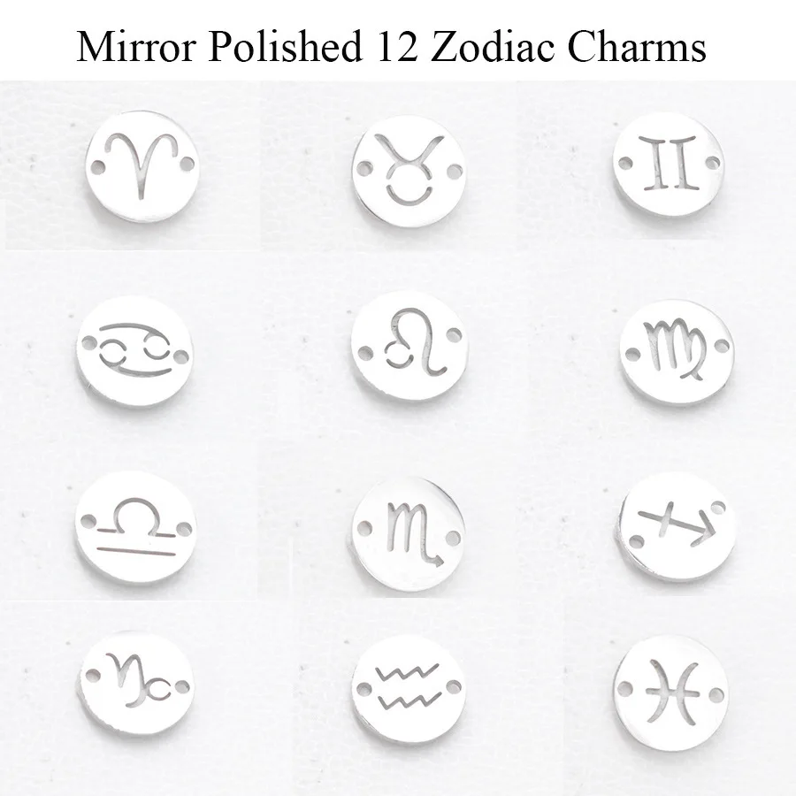 100% Stainless Steel 2 Hole Zodiac Charm Connector 12mm Metal Round Constellations Charm Mirror Polished 12pcs