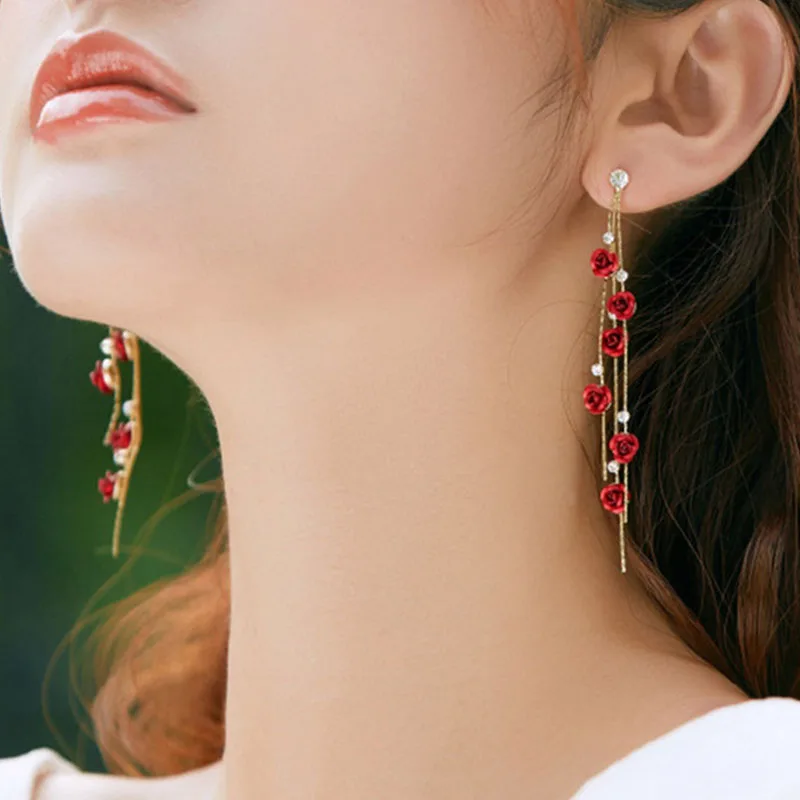 Women's Vintage Rhinestone Red Rose Drop Earrings
