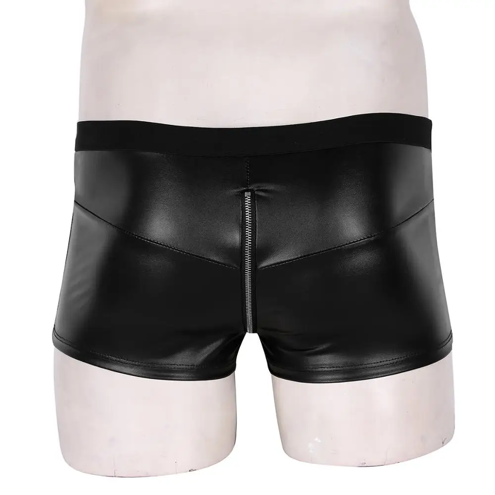 DPOIS-bóxer de piel sintética para hombre, pantalones cortos con cremallera negra, con bolsa para bulto, para fiesta de Carnaval y discoteca