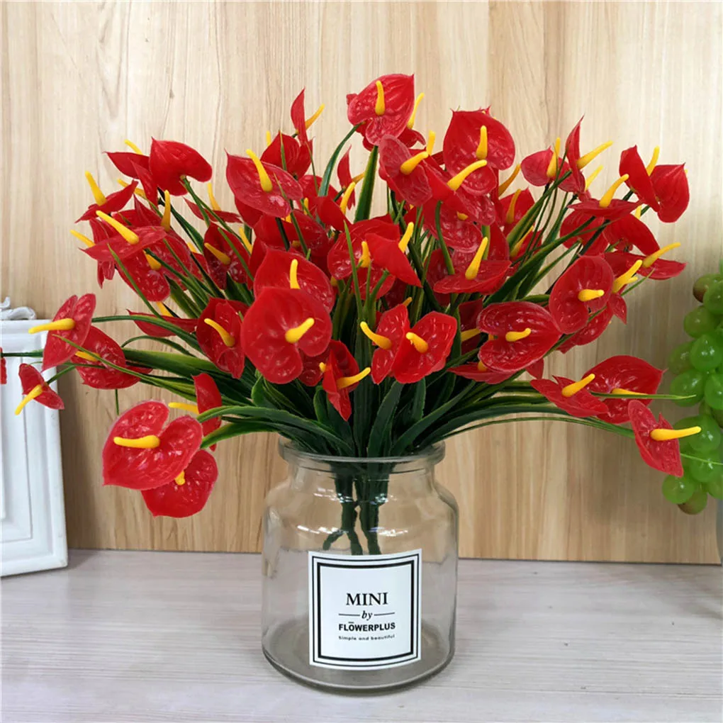 7 branch Anthurium Flower with Leaves Home Hotel Table Decor Centerpiece Floral Plastic Fake Flower