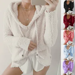 Fashion Faux Fur Plush Sweater Casual Autumn Winter Ladies Warm Hooded Tops Female Women Long Sleeve Pullover Blusas Jumpers