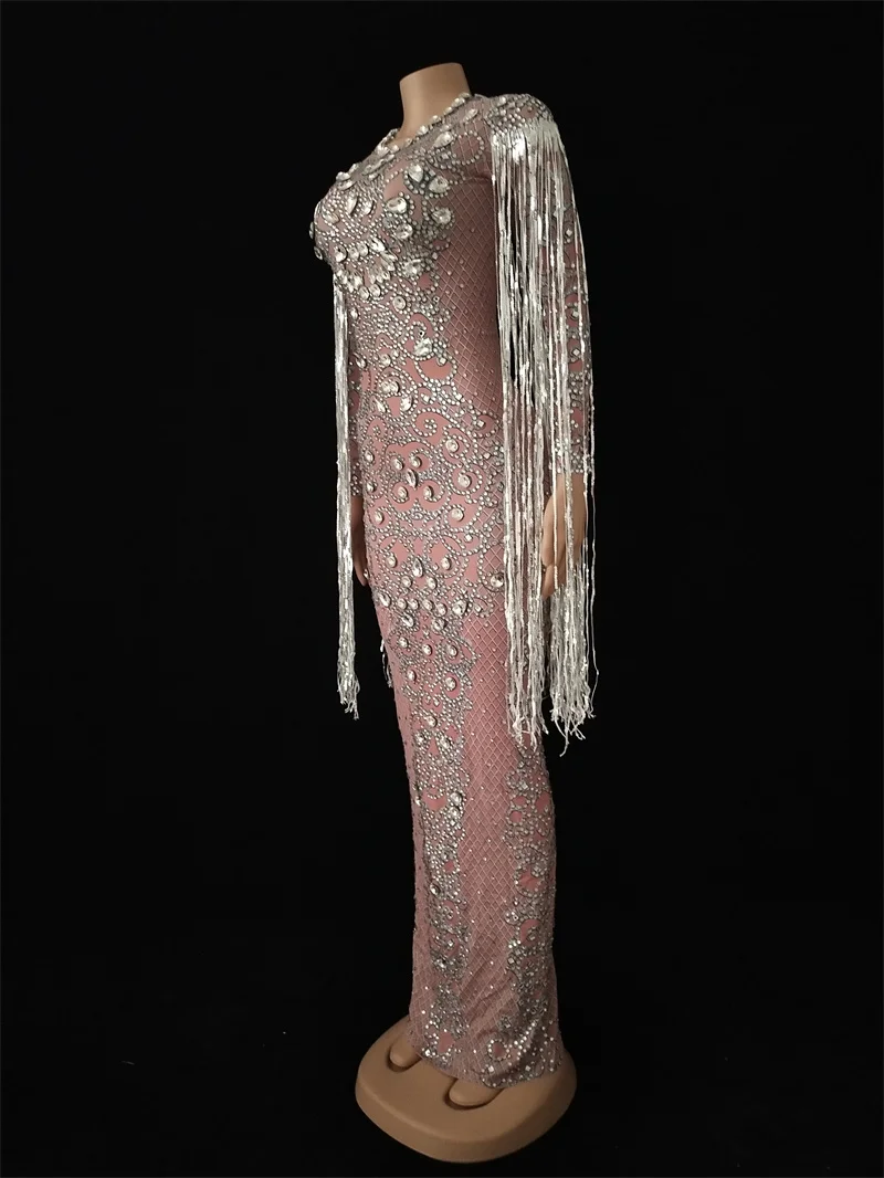 女性タッセルロングドレスナイトクラブブリンブリンクリスタル弾性スキニーラインストーンフリンジドレスウエディングイブニング歌手キャットウォーク衣装