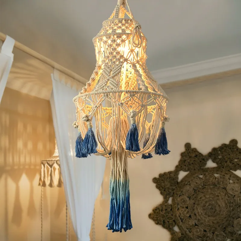 

Nordic Hand-Woven Cotton Rope Chandeliers Bohemia Lamps Asian Moroccan Style Decoration Living Room Bedroom Lighting