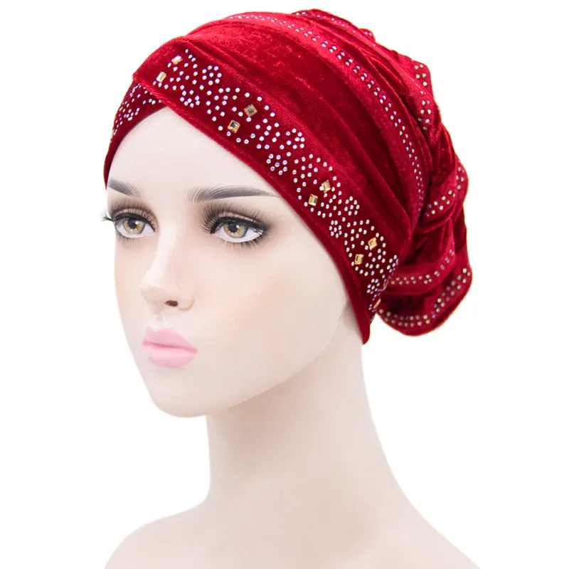 

New Velvet Inner Hijab Muslim Turban Caps For Women With Drill Ethnic Islamic Wrap Head Turbante Muslim Elastic Hijab Baotou Cap