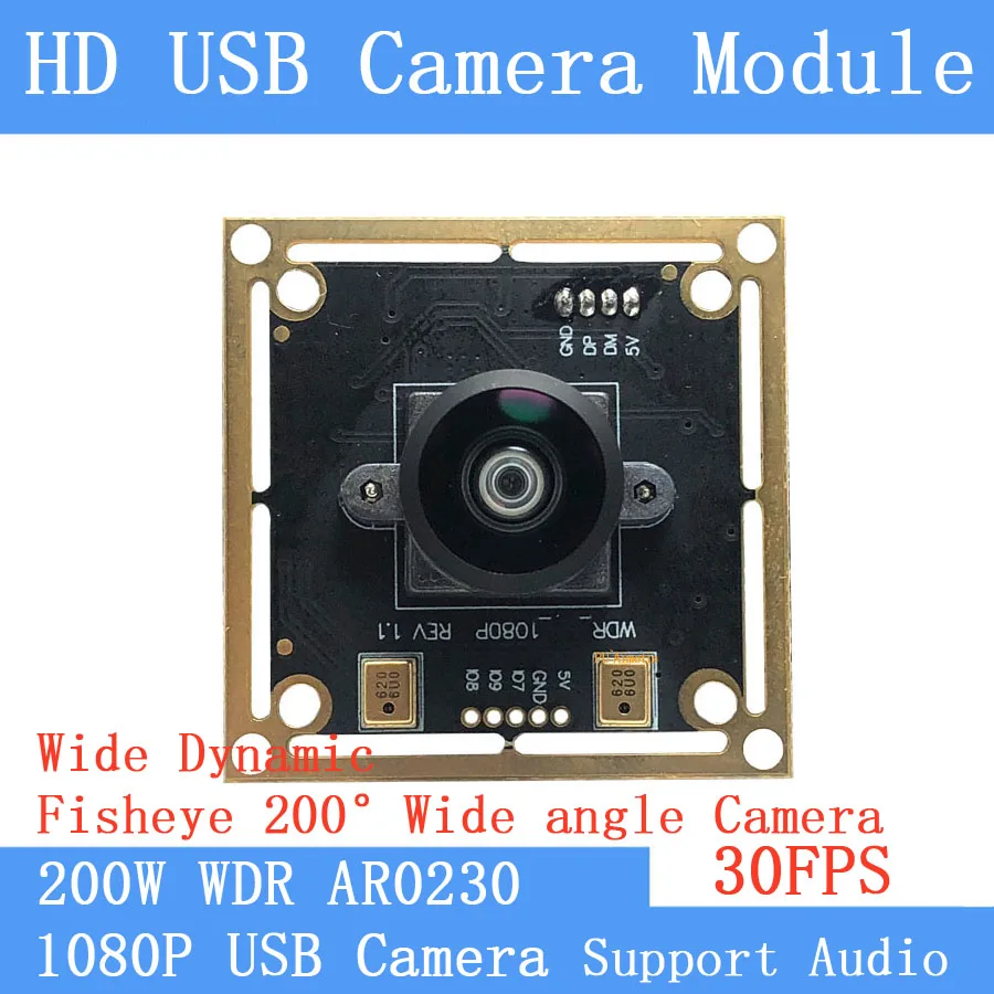 

HD 2MP Fsheye Panorama 200° Wide-Angle OTG UVC 1080P Webcam Backlight Shooting Wide Dynamic USB Camera Module Linux Audio