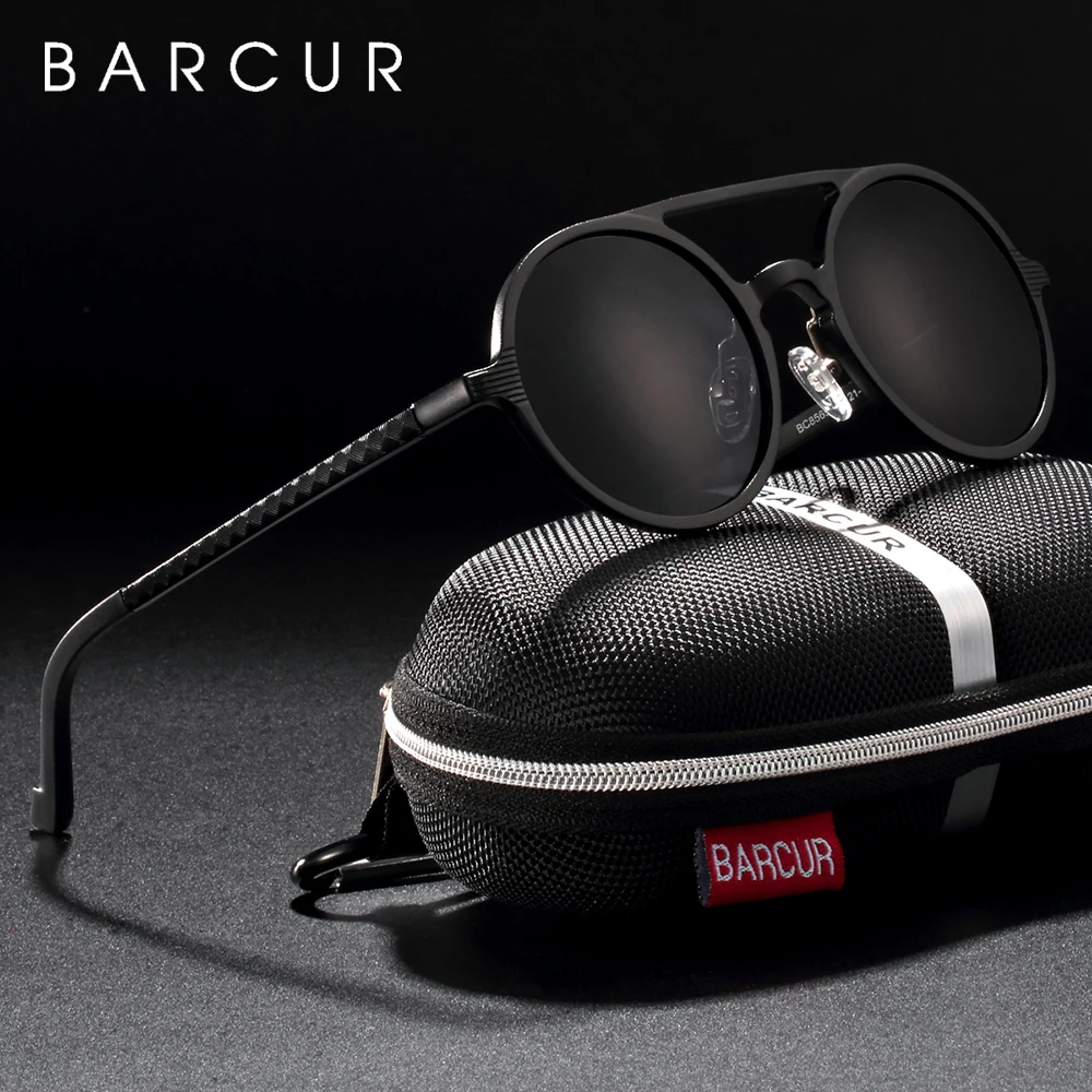 BARCUR Vintage Aluminum Magnesium Sun glass Men Polarized Sunglasses Round Steampunk Shades Brand Designer Eyewear