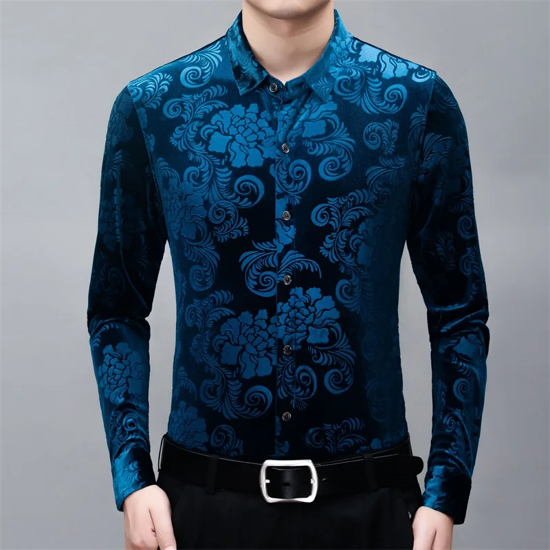 High-End Floral Carving Shirts For Men Long Sleeve Luxury Casual Spring New Fashion Quality Velvet Easy Care Chemise Homme M-4XL