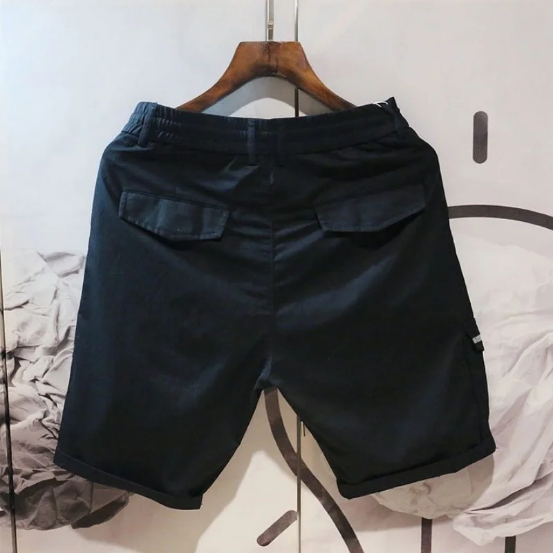 Sweatpants Summer Loose Fit Mens Casual Beach Shorts Straight Lace Up Elastic Solid Color Pockets Knee Length Male Cargo Shorts