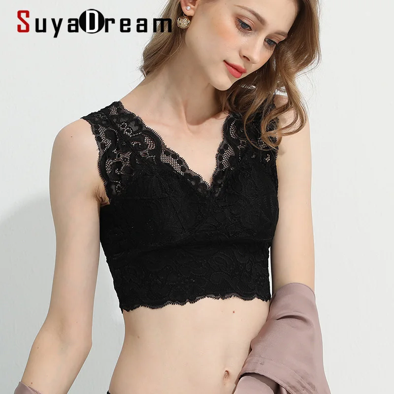 SuyaDream Women Padded Full cup Tank Bras 100% Natural SILK Lace Black Bra Wine Underwear