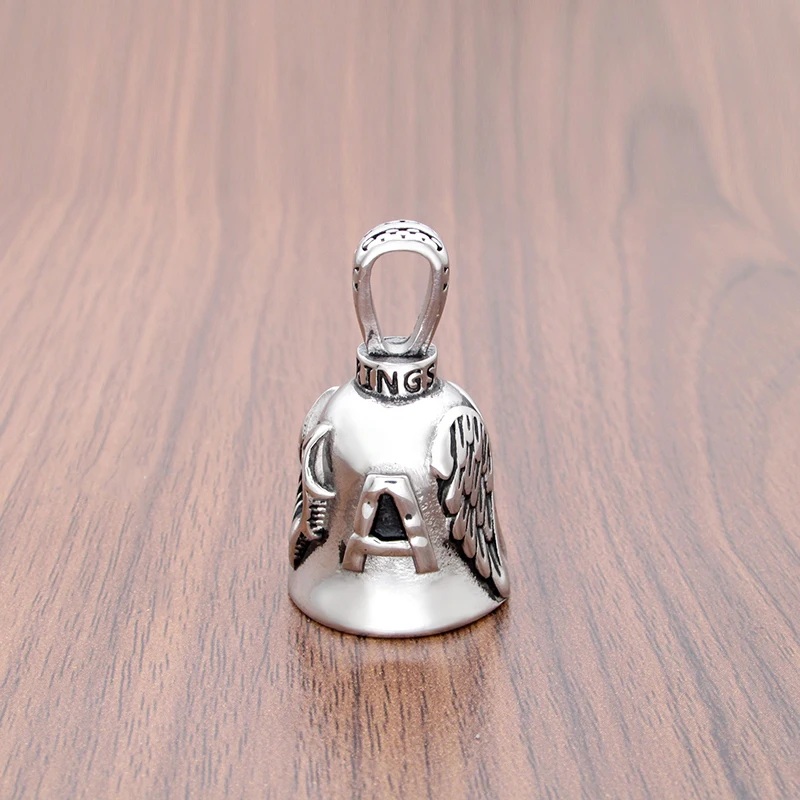 Punk 316L Stainless Steel Silver Color Black Letter Feather Rider Wings Biker Bell Pendant Jewelry For Gift