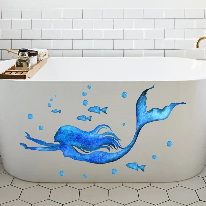 Blue Swimming Mermaid Wall Stickers Bathroom Glass Bedroom Glass Window Home Decoration Self-adhesive Sticker Beautify Wallpaper - Image 3