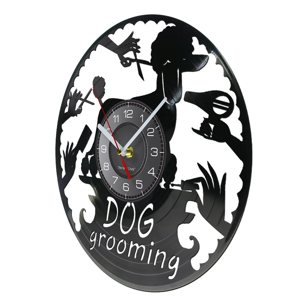 Dog Grooming Salon Sign Vinyl Record Wall Clock Poodle Puppy Pet Shop Decor Dog Baths Haircuts Nail Trimming Retro Wall Watch
