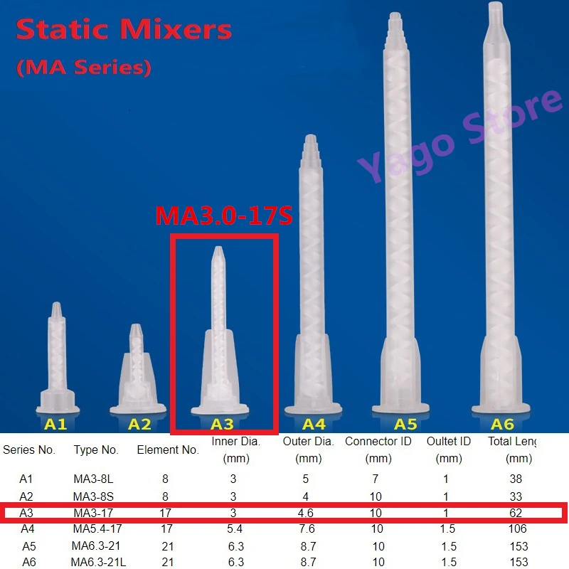 Static Mixer Tube  Dual Cartridge Mixer Bayonet MA3.0-17S Dispenser Epoxy Resin Adhesives Mixing Nozzle for Two Component AB Gun