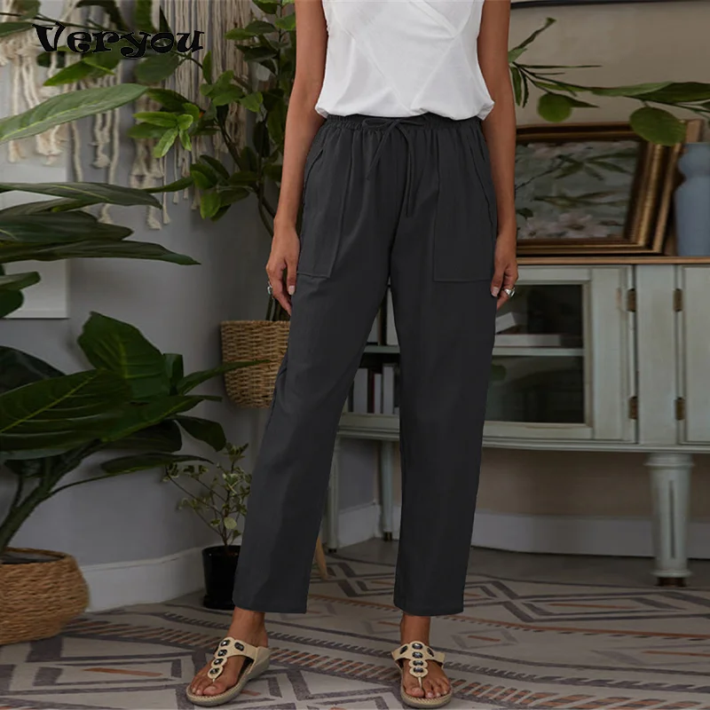 

Cotton Linen Pants Women Summer Ankle Length Trousers Drawstring Elastic Waist Big Pockets Casual Loose Plus Size Pants Female