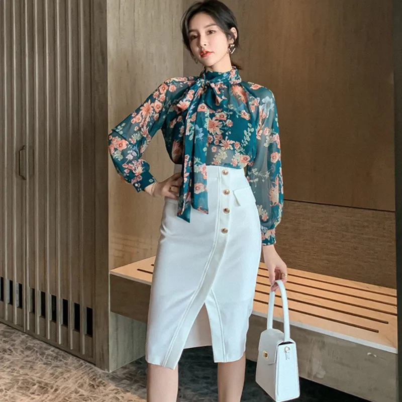

2 Piece Set 2020 Print Long Sleeve Chiffon Shirt Tops and White Midi Wrap Skirts 2020 Elegant Office Lady Sexy Party Women Suit