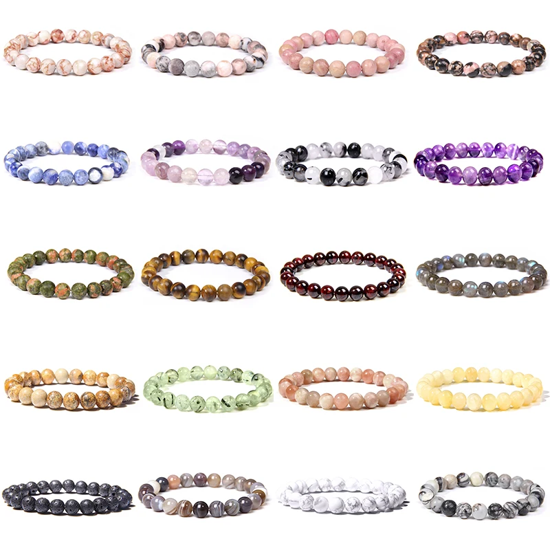 Real Natural Quartzs Stone Stretch Bracelets For Women Men 8mm Bead Bracelet Amethysts Rhodonite Lava Yoga Healing Reiki Jewelry