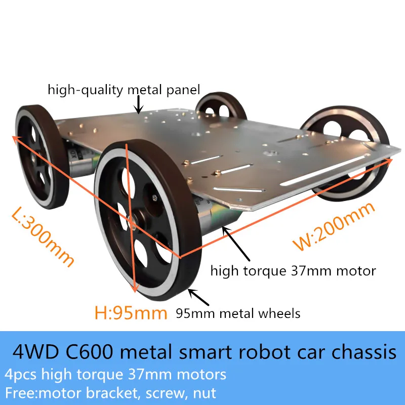 50kg Load Large C600 Full Metal Smart Robot Car Chassis Kit 95mm Metal Wheel 4pcs High Torque DC Motor DIY  Free Motor Bracket