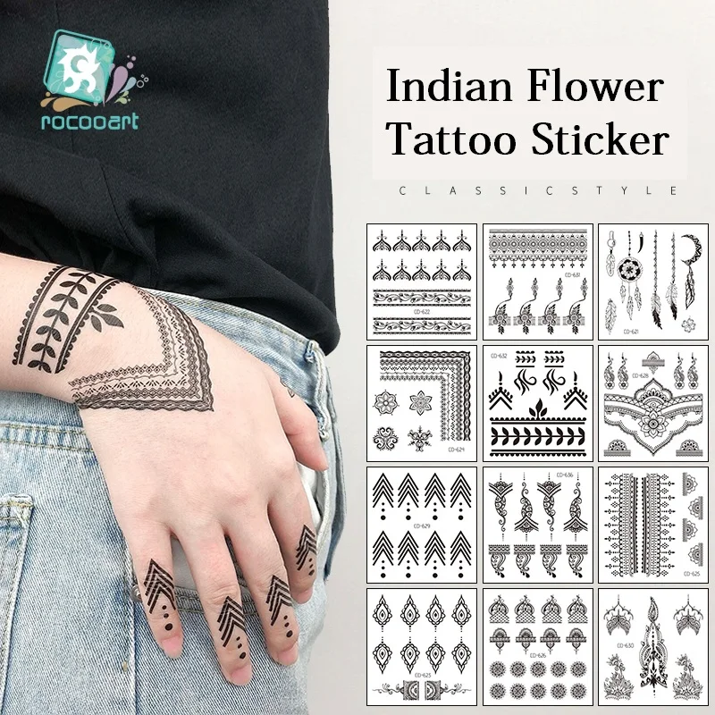 Rocooart Finger Temporary Tattoo Indian Tribal Waterproof Flash Tattoo Sticker Black Tatoo Women Hand Taty Flower Fake Tatto