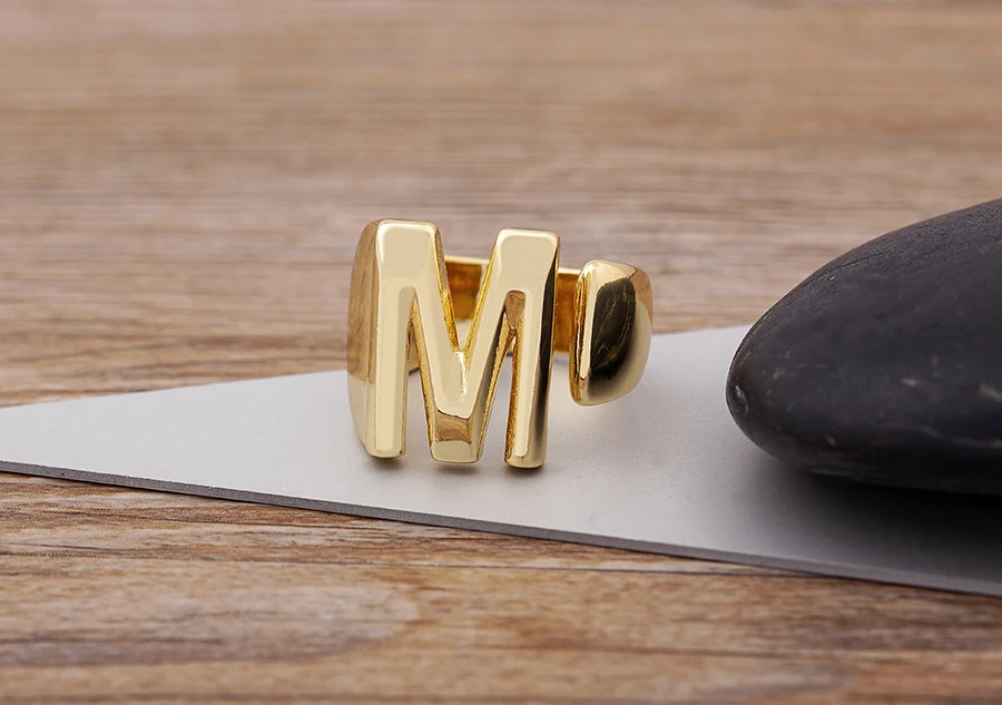 Trendy Hollow A-Z Letter Gold Color Adjustable Opening Ring Initials Name Alphabet Female Chunky Wide Party Wedding Jewelry