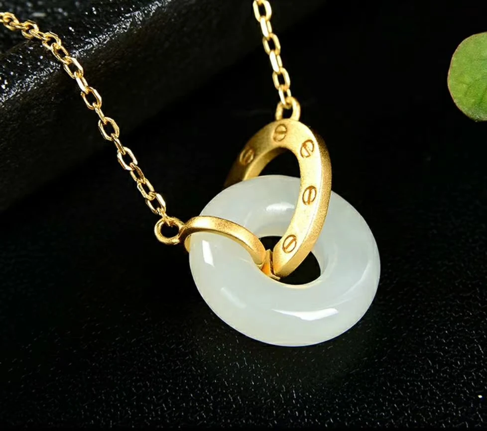 

3D Yellow Gold Pure Gold Inlaid Natural Hetian Jade Lucky Safety Button Pendant Necklace for Woman Chains Jewerly