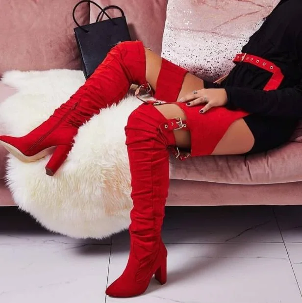 Red Yellow Black Suede Woman  Over The Knee Pointed Toe Buckles Sexy Pants Belts Boots High Heel Square Toe Long Boots Lady