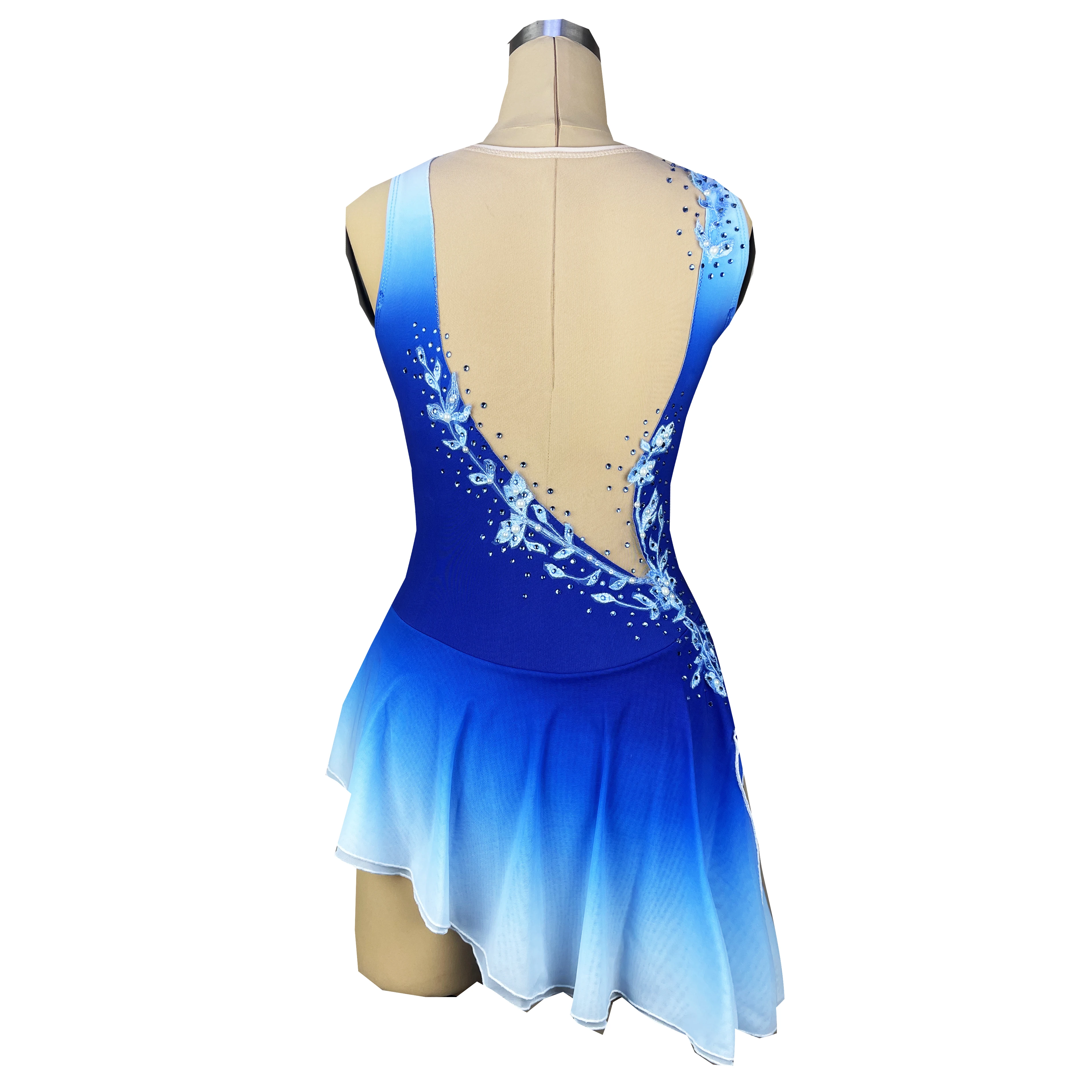 Blue Figure Skating Dress  Sleeved Ice Skating Skirt Spandex