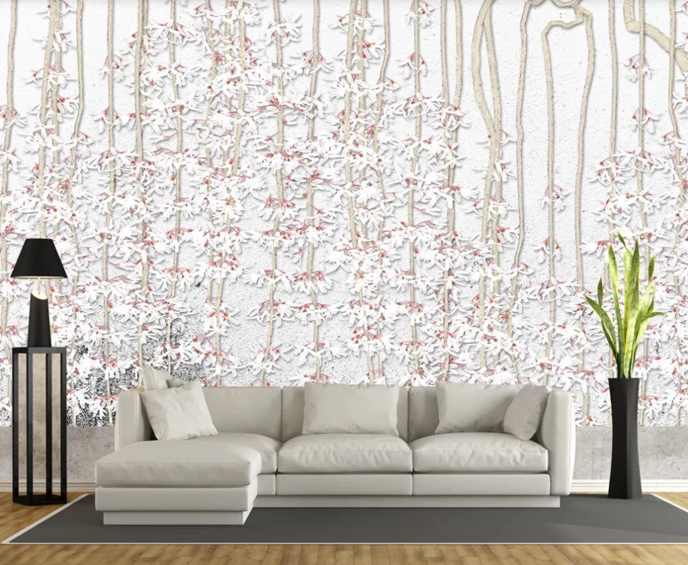 Custom mural wallpaper 3D5D8D Chinese style beautiful white abstract painting flowers and birds TV background wall