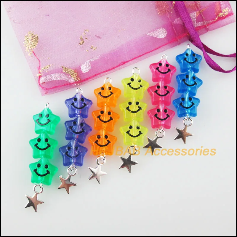 12 New Mixed Star Smile Beads Charms Acrylic & Tiny Star Silver Plated Pendants Retro 12x44mm