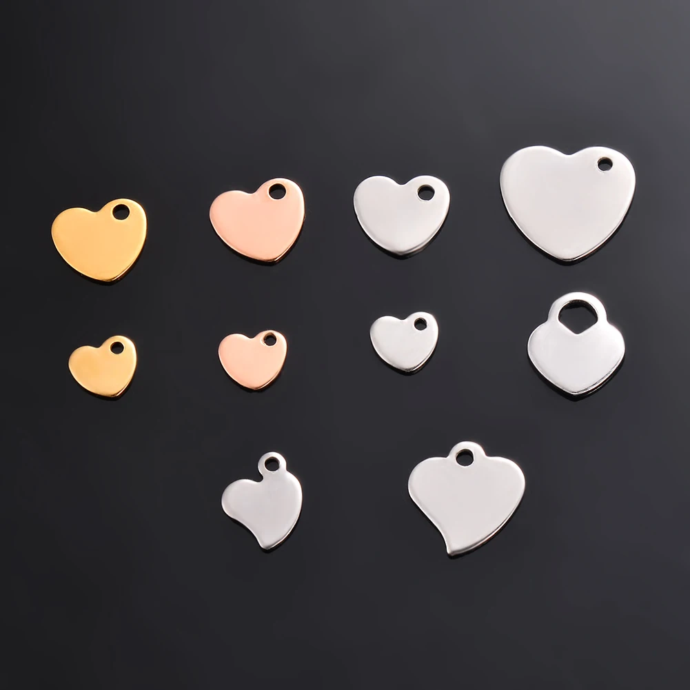 50 قطعة الفولاذ المقاوم للصدأ الفضة والذهب والوردي الذهب لهجة فارغة ختم العلامات قلادة شعار علامة القلب للشعارات لا تشغل اللون