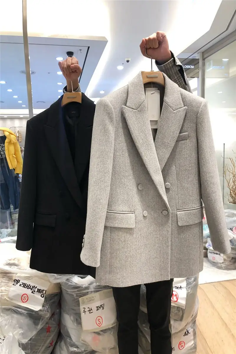 Veste blazer en laine à double boutonnage pour femme, manteau imbibé noir, tempérament gris, coréen, automne, hiver, nouveau, 2021, M1185