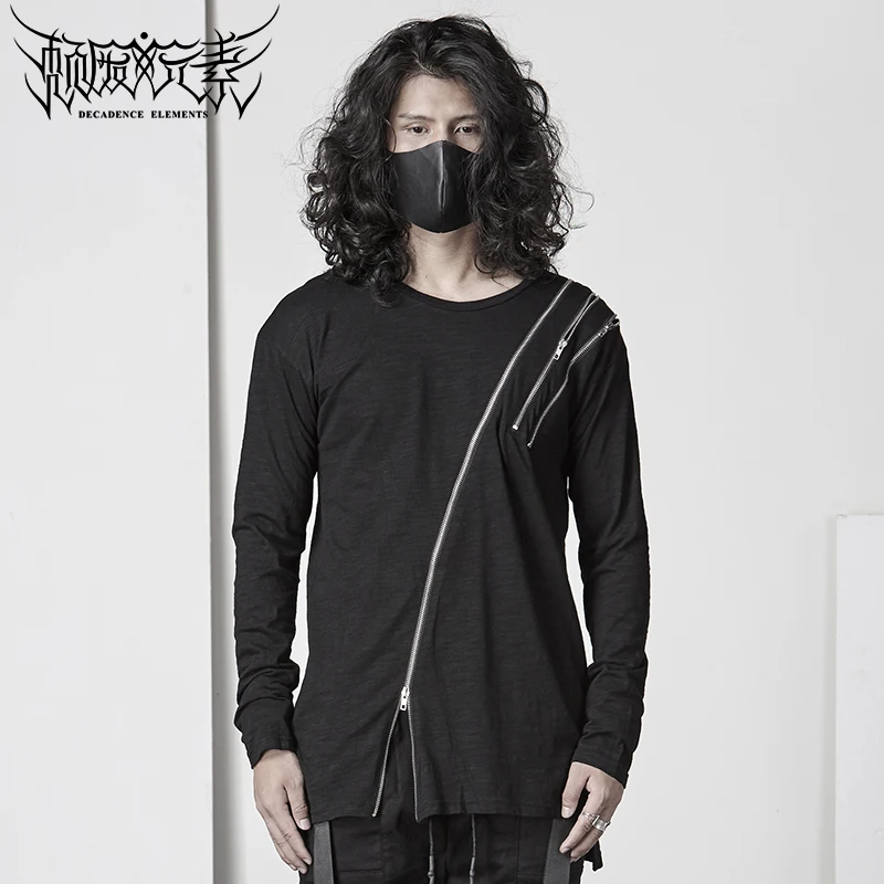 Asymmetrical design T-shirt alternative Gothic designer trendy men's spring dark personality round neck shirt