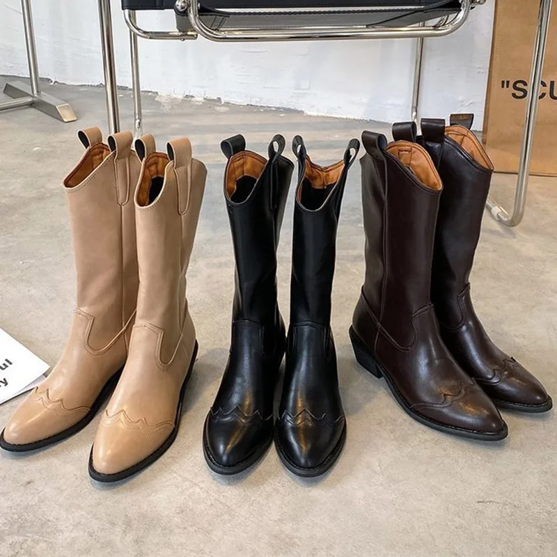 

Women Western Mid Calf Boots PU Leather Boot Ladies Black Cowboy Retro Women's Working Oxford Shoes Female Vintage Casual