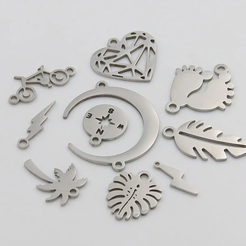 5Pcs 2 Color Mix Leaf Heart Feet Charm Stainless Steel Moon Bicycle Connector Open Bezel Pressed Frame Mold DIY Jewelry Making