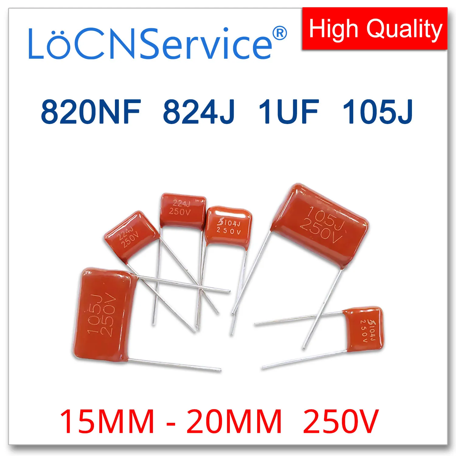 LoCNService 500PCS 15MM 20MM 250V 820NF 1UF 824J 105J CBB Polypropylene Film Capacitor High Quality 824K 105K