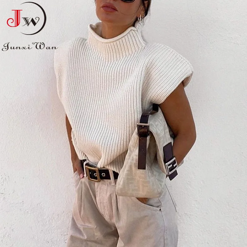 Women Fashion Solid Cropped Knitted Sweater Vest Turtleneck Sleeveless Pullover Solid Chic Tops Jumper