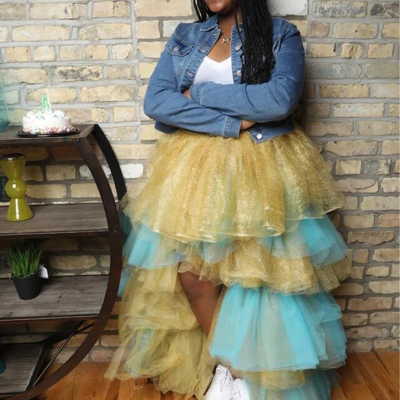 

Chic Mix Color Puffy Tulle Women Skirts Sexy High Low Tiered Rufflles Mesh Girls Tulle Skirt Wmen Birthday Wear