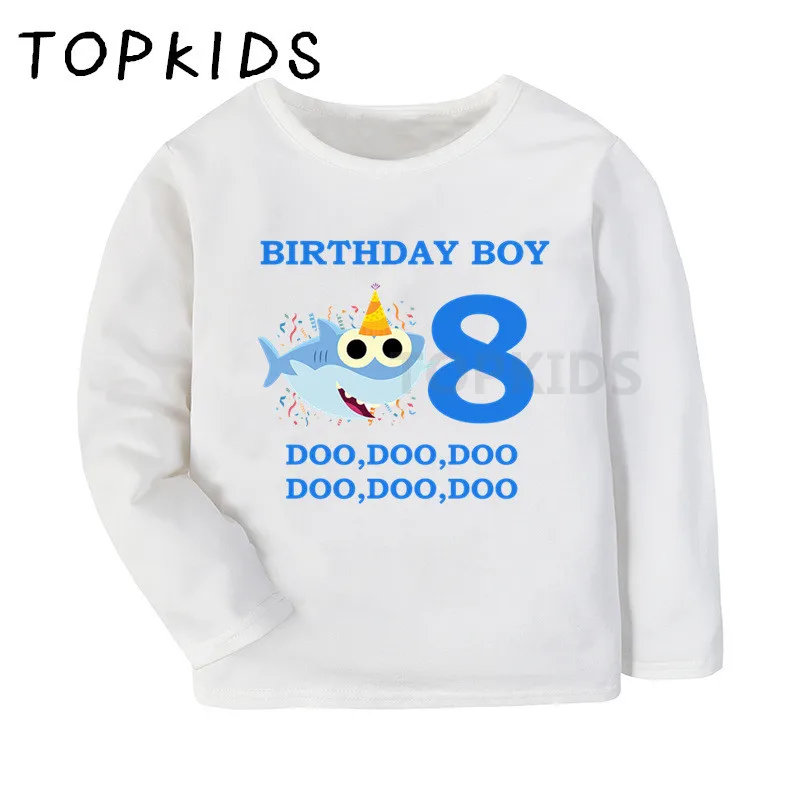 2021 Boys Happy Birthday Blue Shark 1-9 Number Cartoon Print T shirt Kids Long Sleeve T-shirt Children Funny Clothes,LKP2441