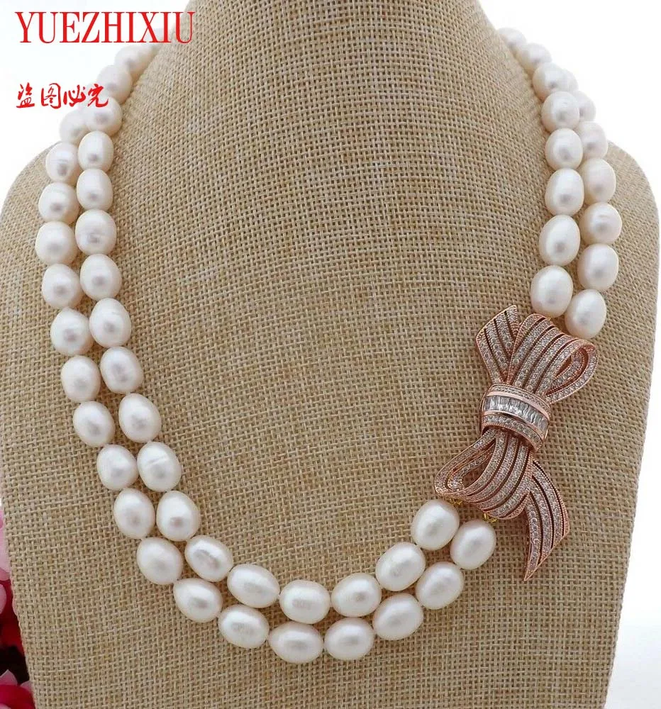 

2 Strands Natural 9-11MM White Rice freshwater Pearl Hand knotted Bowknot inlay zircon Pendant necklace 17-18INCH