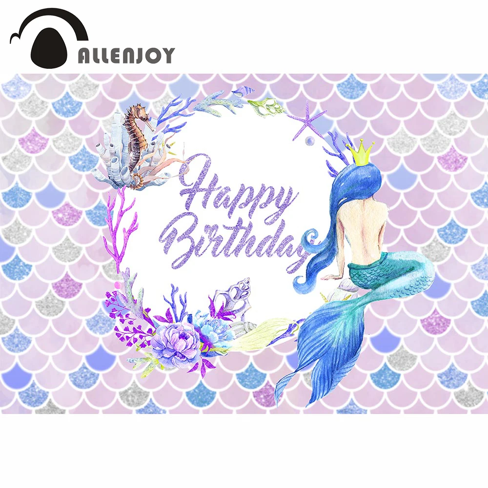 

Allenjoy Mermaid Birthday Backdrop for Girl Undersea Fish Scales Seahorse Coral Flower Princess Photography Background Banner