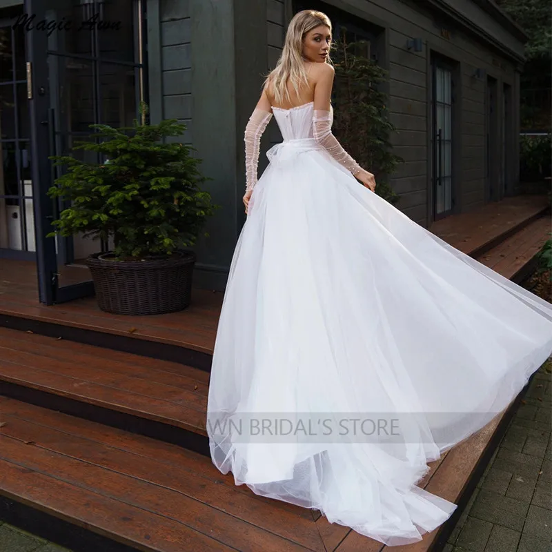 Magie Granne Einfache Weiß Boho Hochzeit Kleider 2022 Liebsten Illusion Falten Weiche Tulle Strand A-Line Brautkleider Robe De Mariée