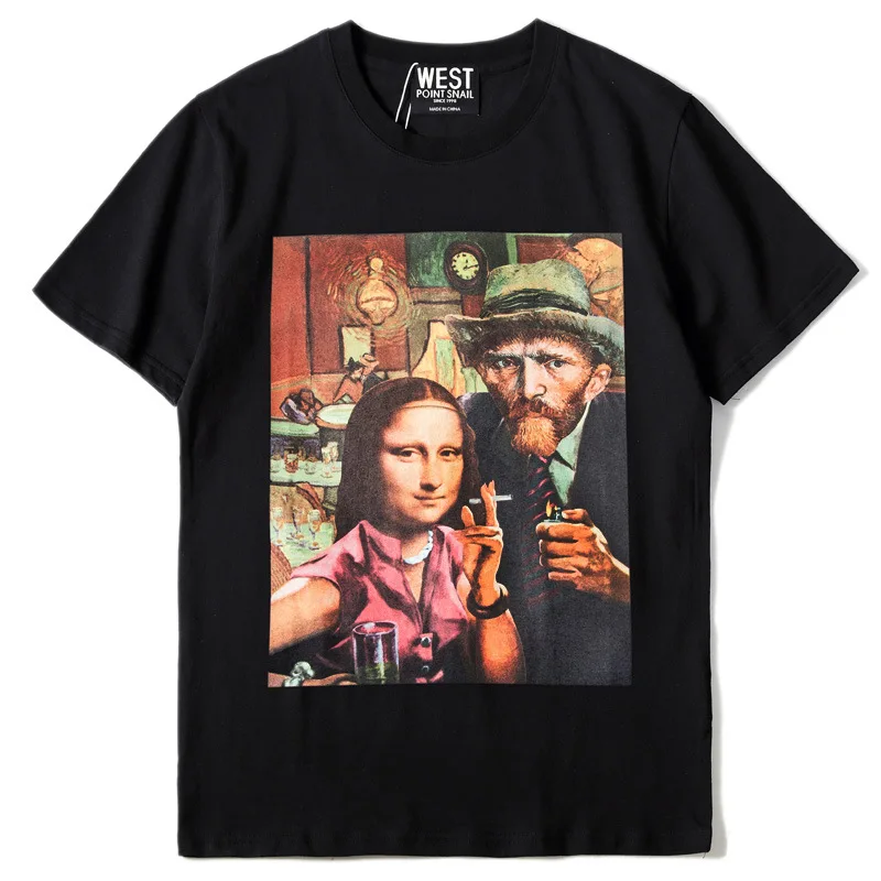 

New Novelty 2021 Men Smoking Mona Lisa T Shirts T-Shirt Hip Hop Skateboard Street Cotton T-Shirts Tee Top Kenye #033