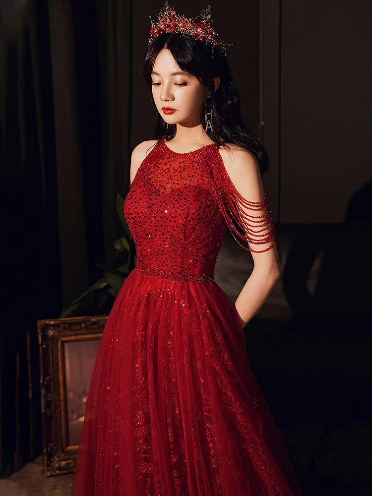 Customized Luxury Sequins Evening Dress Banquet Elegant Halter Wine Red Crystal Beading Prom Formal Gown Vestido De Festa