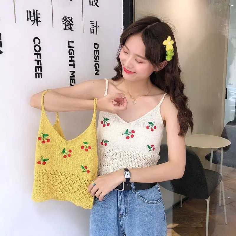 

Suspender Tops Women 2021 Summer New Style Korean V-neck Cherry Embroidery Hollow Short Knit Sling Camisole Base Vest Multicolor