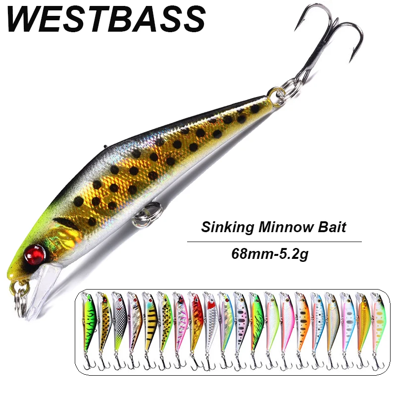 WESTBASS 1PX Micro Minnow Lure 68mm-5.2g Sinking Fishing Bait Shore Casting Wobbler Artificial Hard Swimbait Bass Jerkbait Pesca